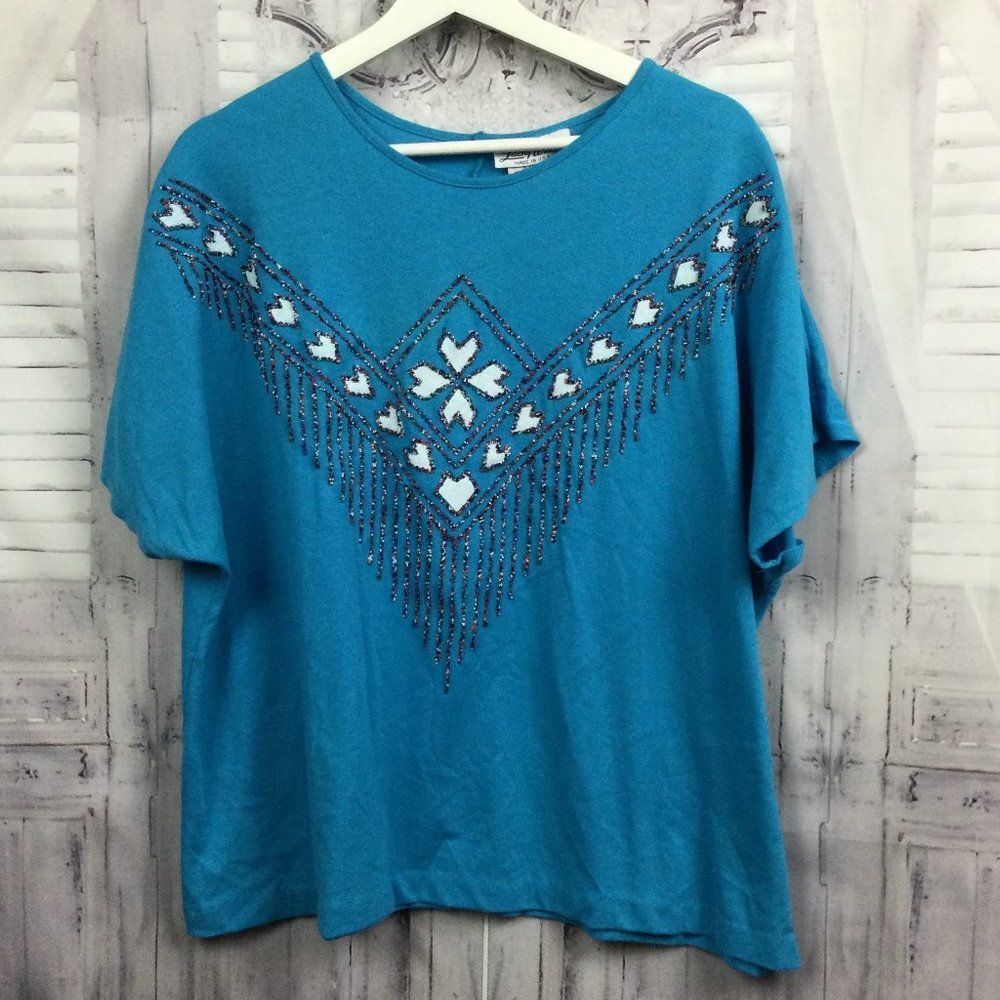 Vintage Blue Tee Shirt Native American Pattern Embellishments L